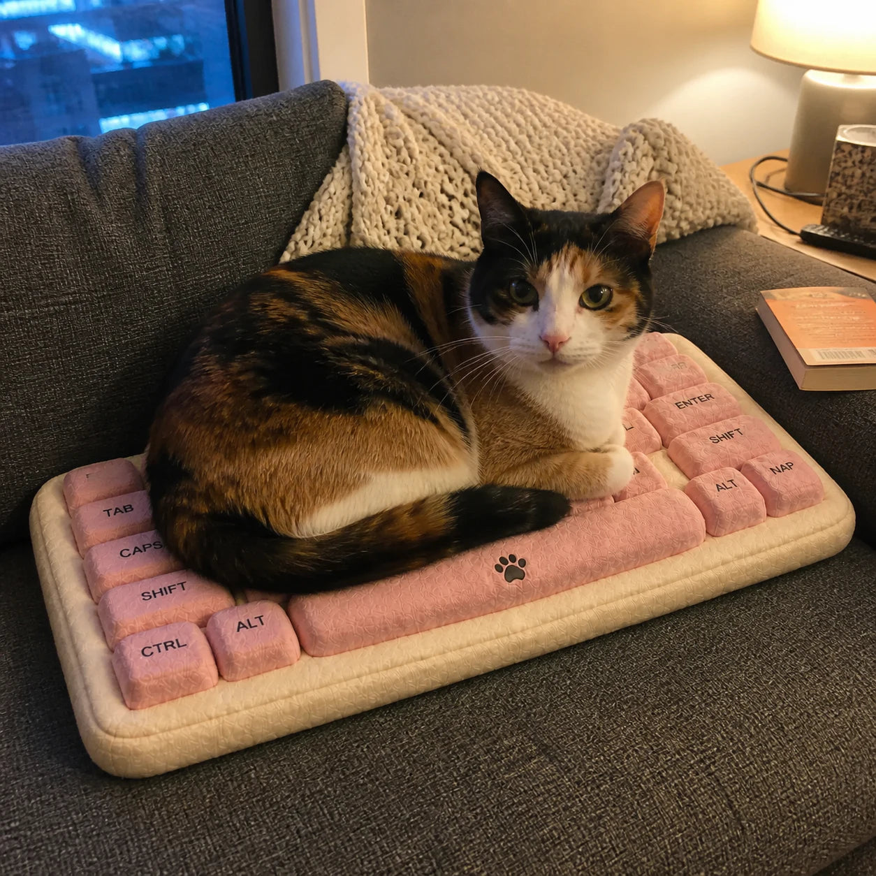 Calico cat on a Blush MEOWCHANICAL keyboard-shaped cat bed