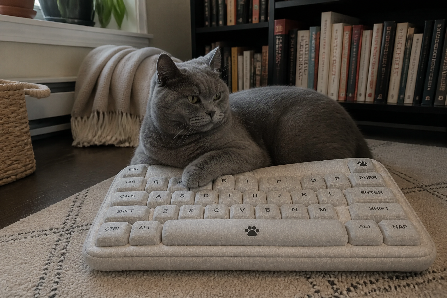 Gray cat relaxing on a Stone MEOWCHANICAL keyboard-shaped cat bed beside a bookshelf