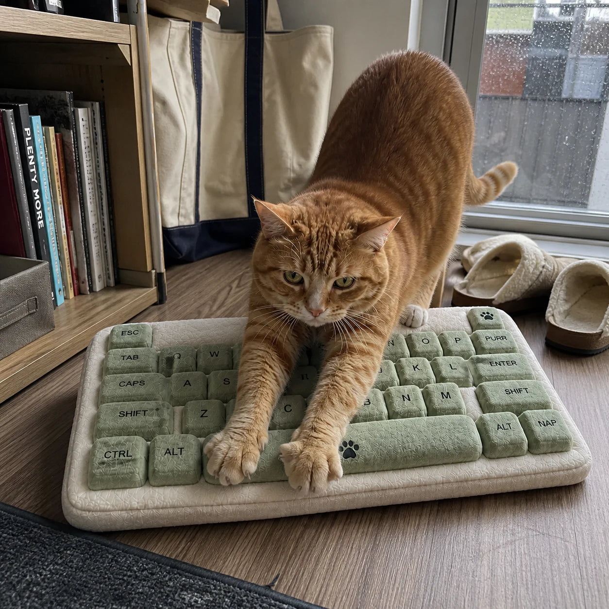 Ginger tabby on a Sage MEOWCHANICAL keyboard-shaped cat bed