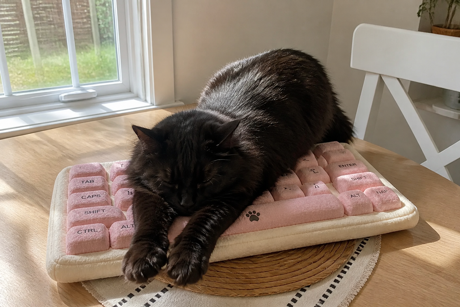 Black cat stretching on a Blush MEOWCHANICAL keyboard-shaped cat bed by a sunny window
