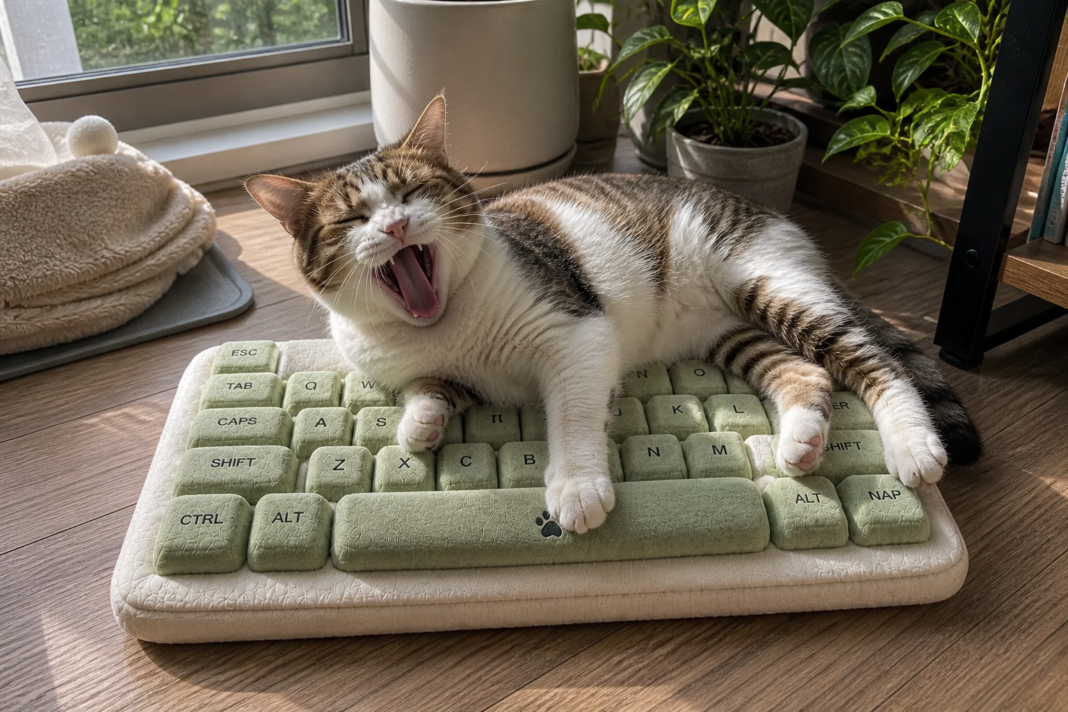 White and tabby cat yawning on a Sage MEOWCHANICAL keyboard-shaped cat bed near houseplants
