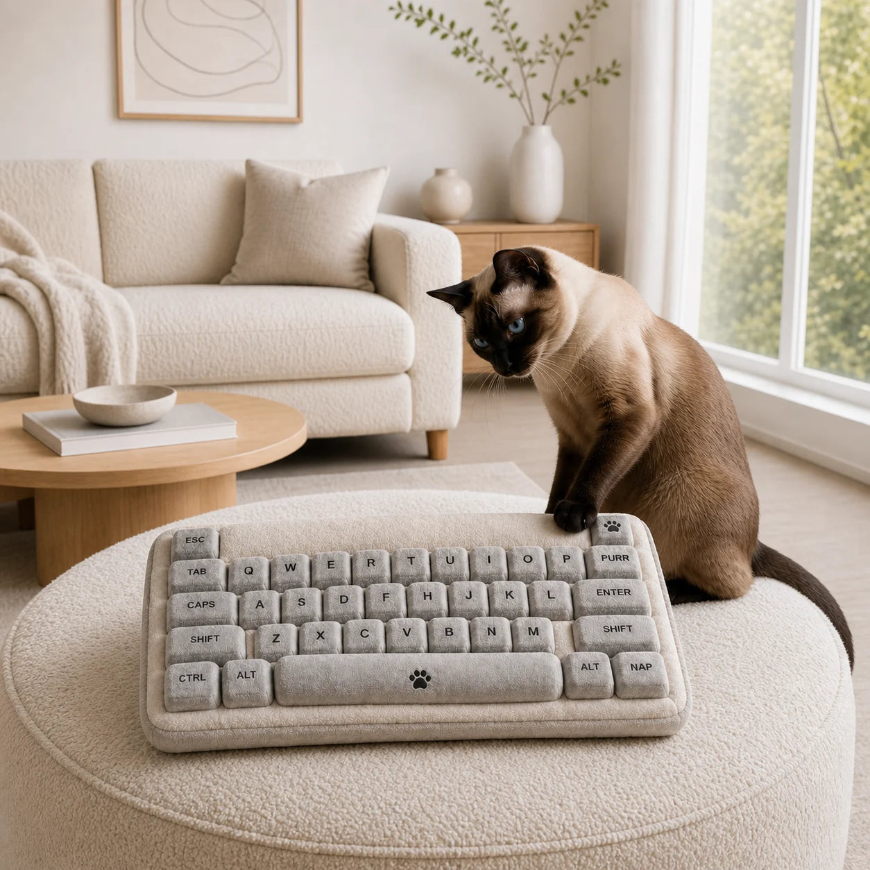 Siamese cat beside the Stone MEOWCHANICAL keyboard cat bed